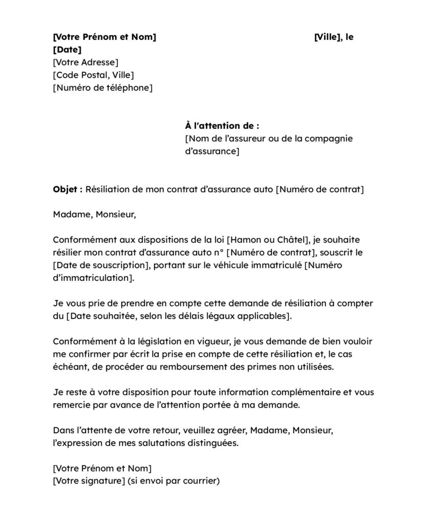 lettre résilier assurance auto sans justificatif